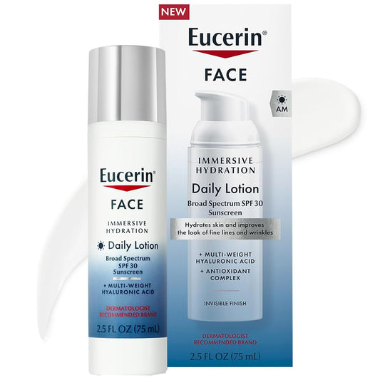 Eucerin Face Immersive Hydration Daily Face Lotion Broad Spectrum SPF 30 Sunscreen, Daily Moisturizer with Hyaluronic Acid Smooths Fine Lines and Wrinkles, 2.5 Fl Oz Bottle