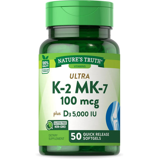 Nature's Truth Vitamin K2 Supplement | 800 mcg | 50 Softgels | MK4 MK7 Complex | Non-GMO, Gluten Free