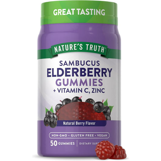 Sambucus Black Elderberry Gummies | 50 Count | With Vitamin C and Zinc | Berry Flavor | Vegan, Non-GMO, Gluten Free | Extract Gummies for Adults | by Nature's Truth