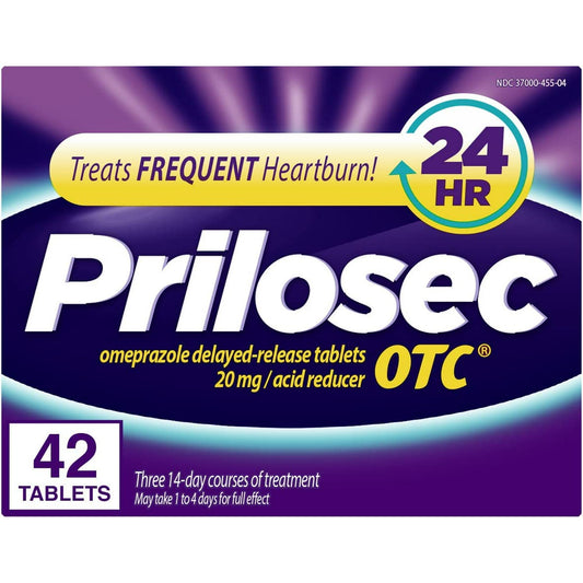 Prilosec OTC, Omeprazole Delayed Release 20mg, Acid Reducer, Treats Frequent Heartburn for 24 Hour Relief, All Day, All Night - 42 Tablets*