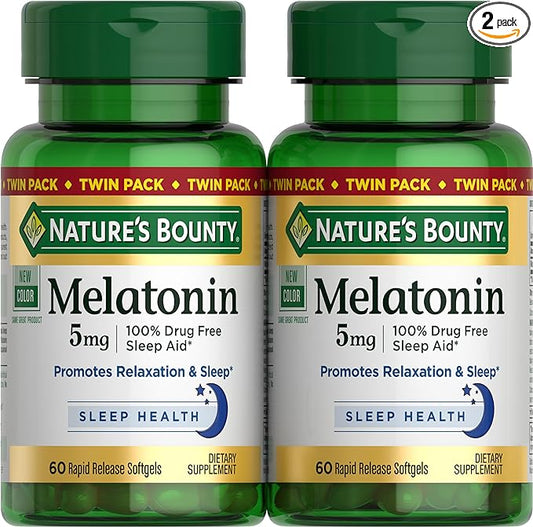 Nature's Bounty Melatonin, 100% Drug-Free Sleep Aid, 5mg, 60 Softgels (Twin Pack)