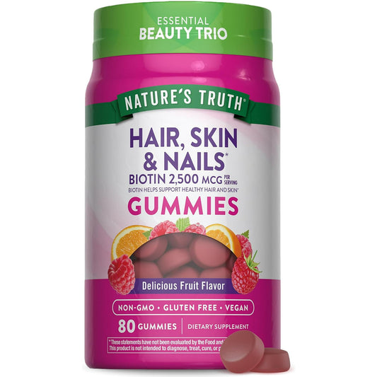 &nbsp;Hair Skin and Nails Gummies | 80 Count | 2500mcg of Biotin | Vegan, Non-GMO, Gluten Free Supplement | Vitamin for Women &amp; Men | by Nature's Truth