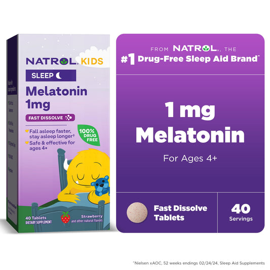 Natrol® Kids 1mg Melatonin Fast Dissolve Sleep Aid Tablets, with Lemon Balm, Supplement for Children Ages 4 and up, Drug Free, Dissolves in Mouth, 40 Strawberry Flavored Tablets