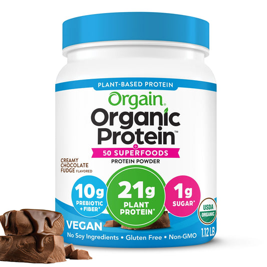 Orgain Organic Plant Based Protein + Superfoods Powder, Creamy Chocolate Fudge, 21g Protein, 1.12 lb