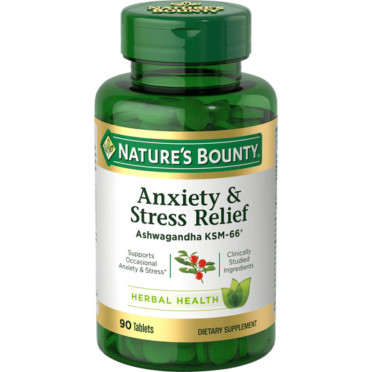 Nature's Bounty Anxiety & Stress Relief Ashwagandha KSM-66, L-Theanine, Dietary Supplement, Tablets, 90 Ct