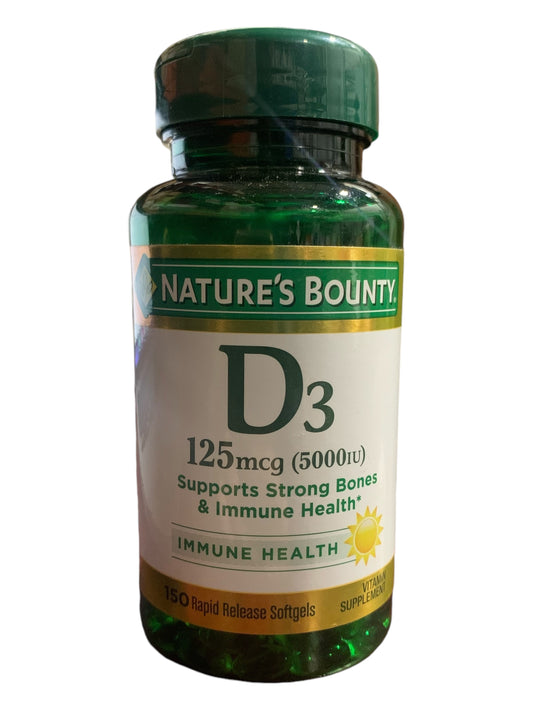 Nature's Bounty Vitamin D3 5000 IU (125 mcg) – Immune Support, 150 Softgels