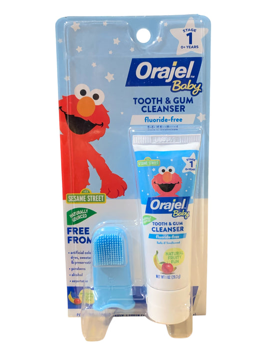 Orajel Elmo Fluoride-Free Tooth & Gum Cleanser with Finger Brush, Fruity Fun, 1.0 oz