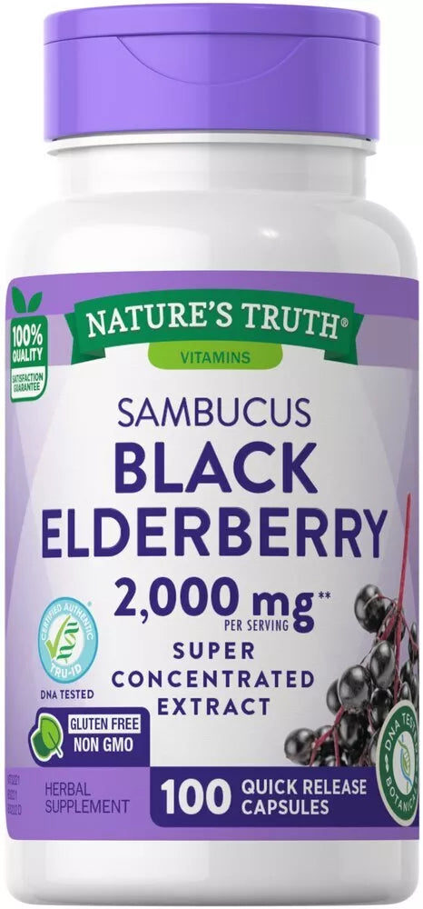 Nature's Truth Vitamins Sambucus Black Elderberry Capsules Non-GMO 2000mg 100 Ct