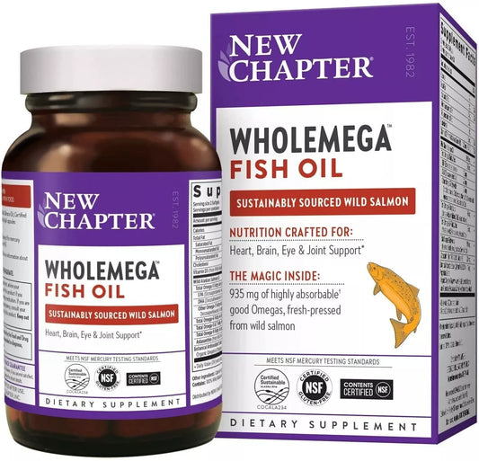 New Chapter Wholemega Fish Oil Supplement - Wild Alaskan Salmon Oil with Omega-3 + Vitamin D3 + Astaxanthin + Sustainably Caught - 120 ct Softgels