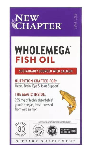 New Chapter Wholemega Fish Oil Supplement - Wild Alaskan Salmon Oil with Omega-3 + Vitamin D3 + Astaxanthin + Sustainably Caught - 180 ct, 1000mg Softgels